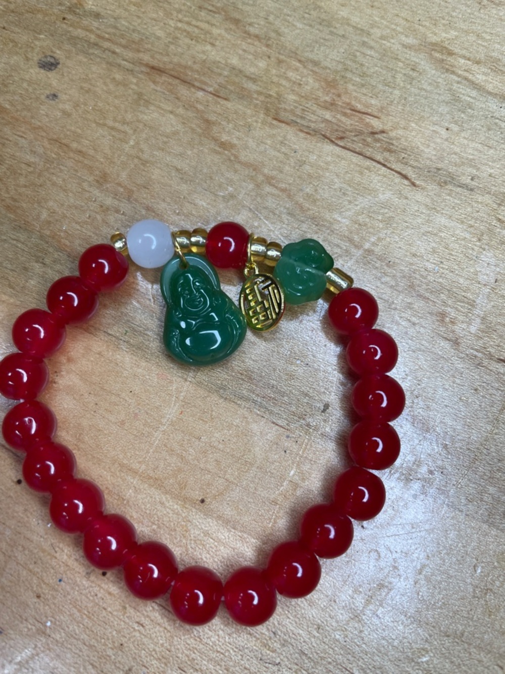 Red Glass Beaded Green Buddha Charm Bracelet - Women's Jewelry 6-7 inch